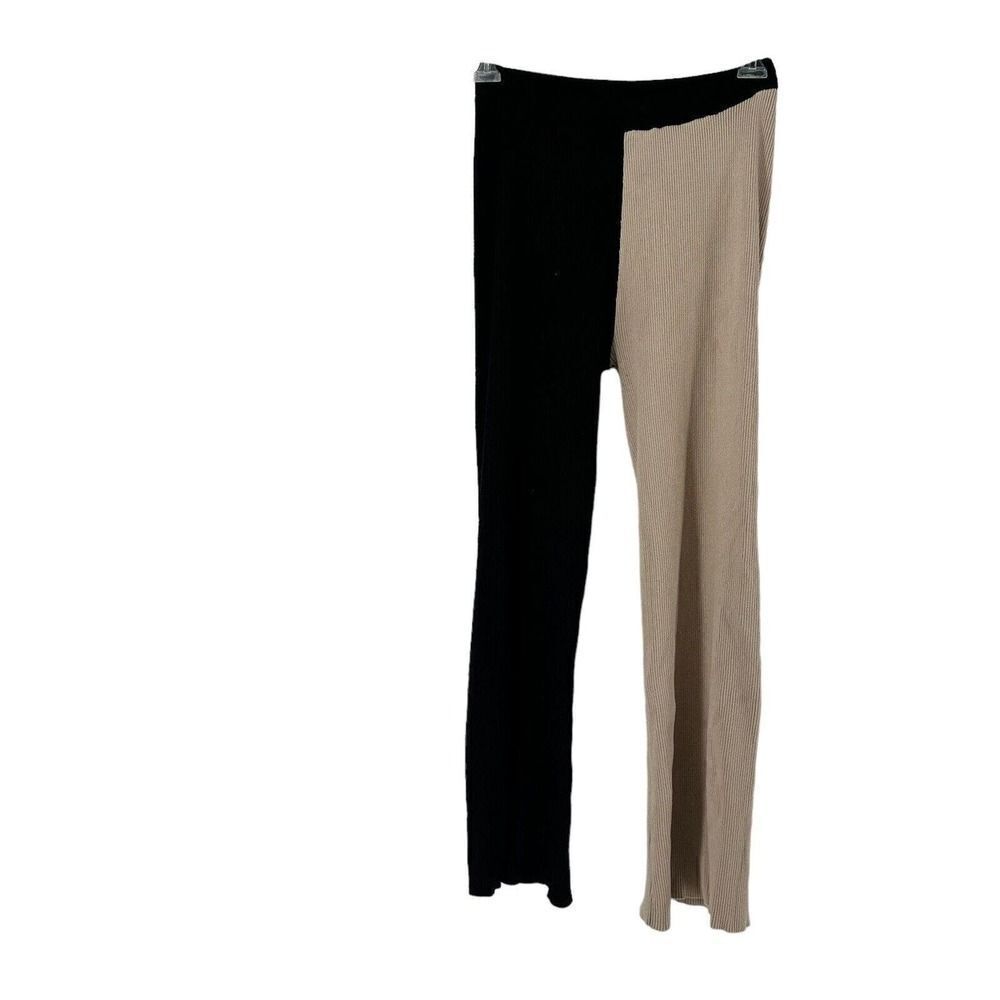 BCBG Paris Pants Knit Ribbed Split Color Black & Cream Womens Size M Stretch Fit